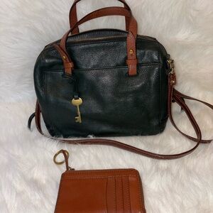 Dark Green and Tan Fossil Rachel Satchel with Card Wallet